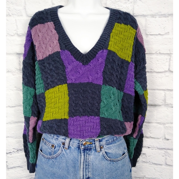 Jones New York Sweaters - Vintage 90's Chunky Hand Knit Color Block Sweater